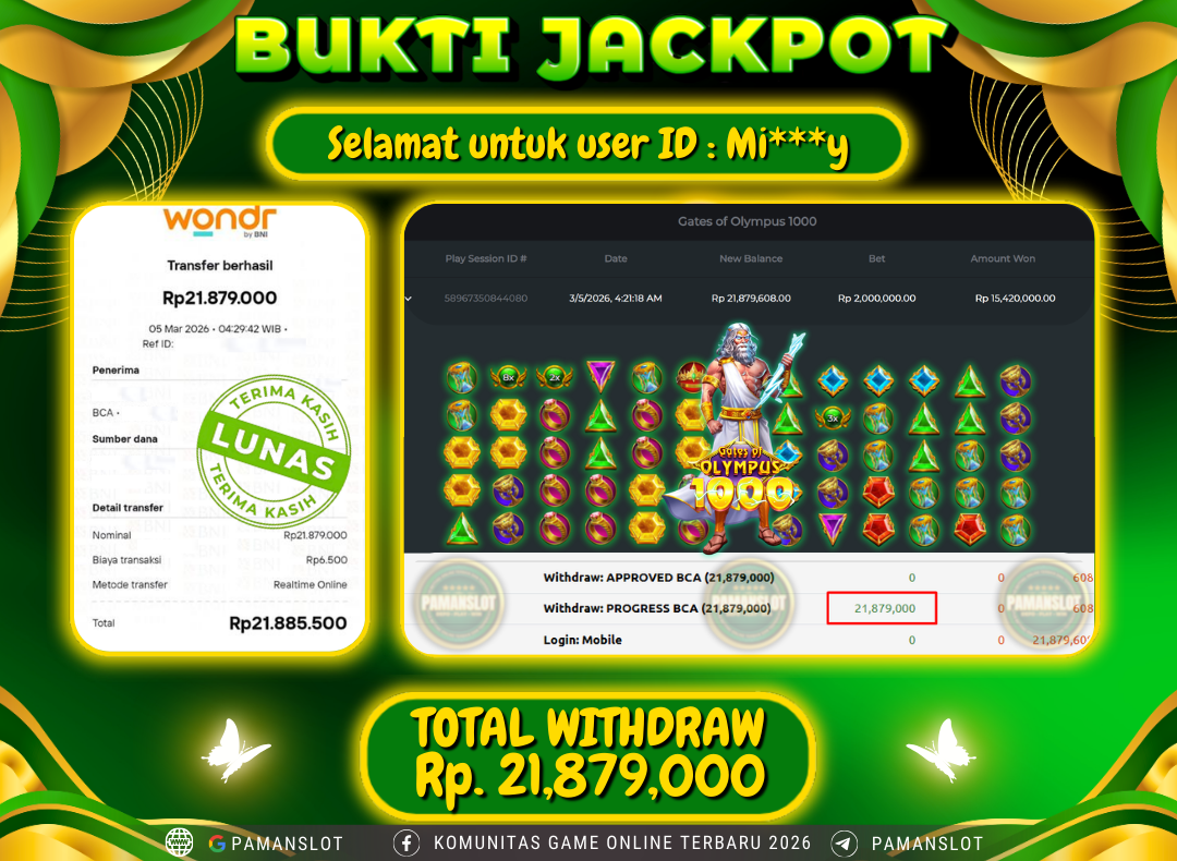 PAMANSLOT JACKPOT Game PP - Gates of Olympus 1000 Rp.21,879,000- LUNAS