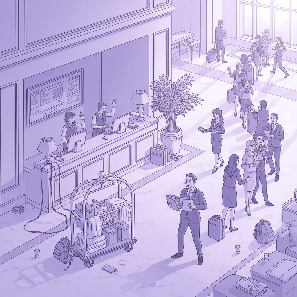 Chaotic hotel lobby with front desk, housekeeping, and manager stress