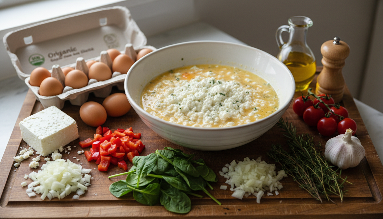 cottage cheese egg bake ingredients with eggs vegetables and herbs