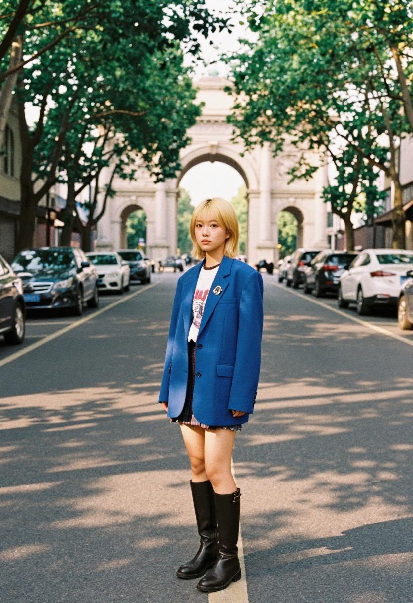 Cobalt blazer over shredded tee and plaid mini skirt for downtown alternative cool on Parisian boulevard