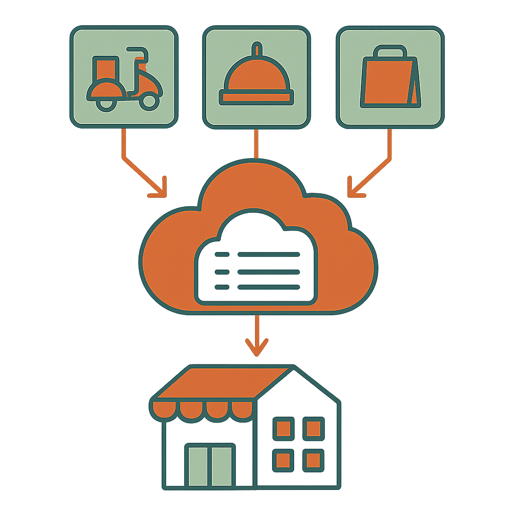 Flowchart of order syncing from multiple delivery platforms into centralized cloud kitchen system