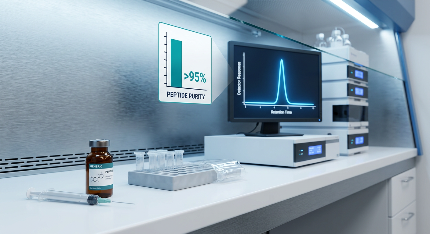 Laboratory biosafety cabinet with research peptide vials, sterile syringe, and HPLC instrument displaying chromatogram for peptide purity analysis