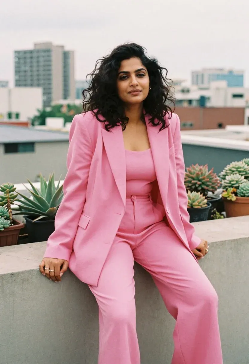 Tall woman in a fuchsia pink wide-leg pantsuit seated on a low urban rooftop wall