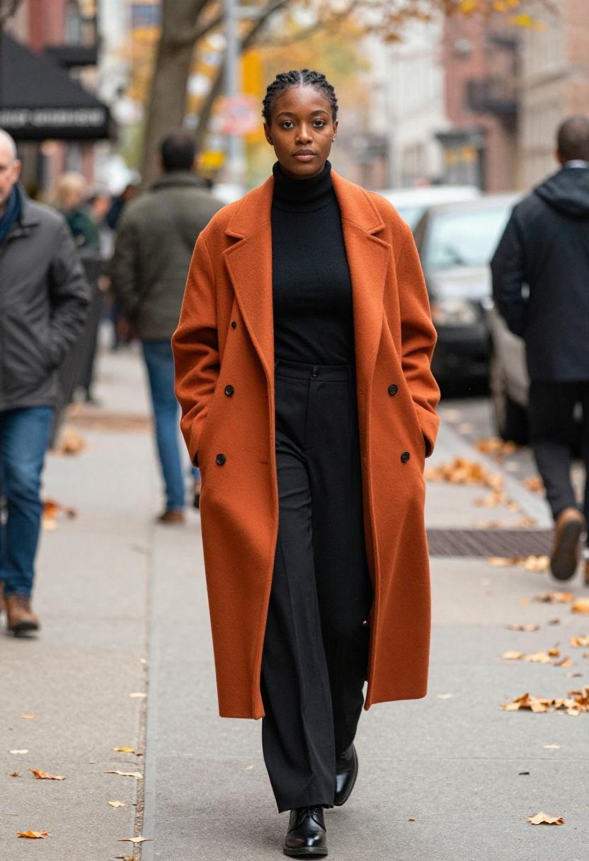 Terracotta longline coat over all-black base on autumn city streets