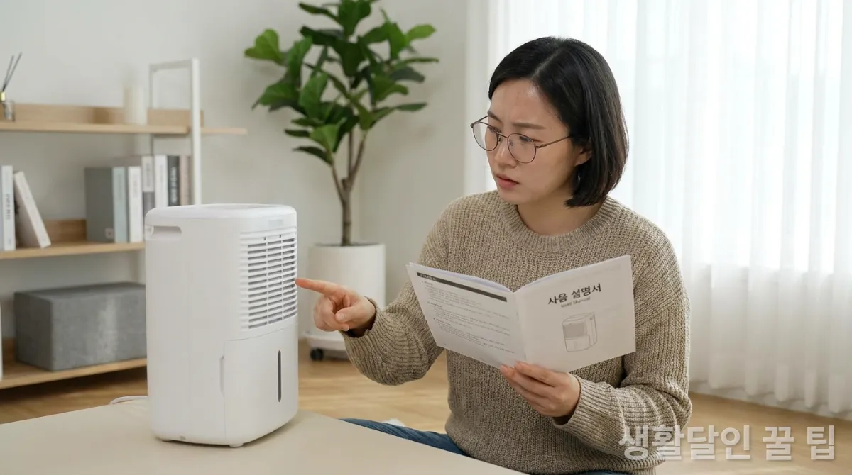 30대 한국인 여성이 제습기 사용 설명서를 읽으며 올바른 사용법을 확인하는 모습, 깔끔한 실내 공간 배경