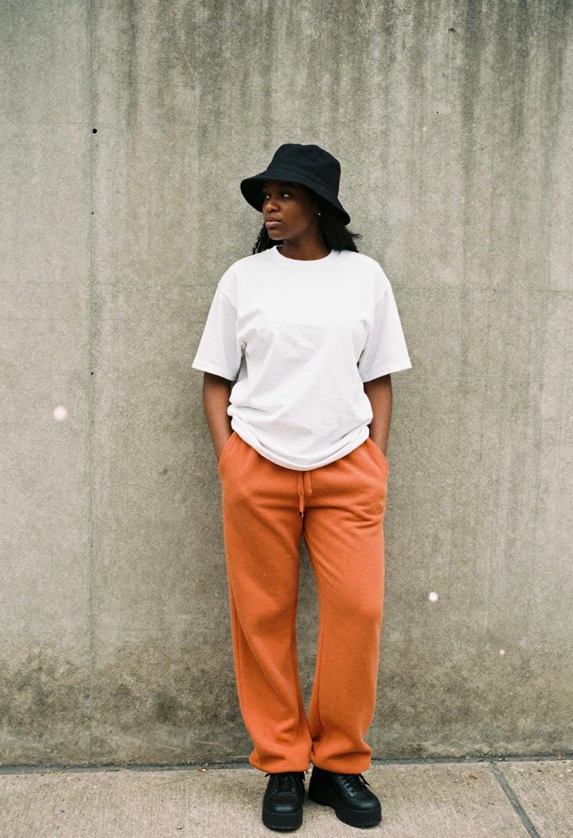 Burnt orange oversized sweatpants with bucket hat and platform sneakers urban streetwear
