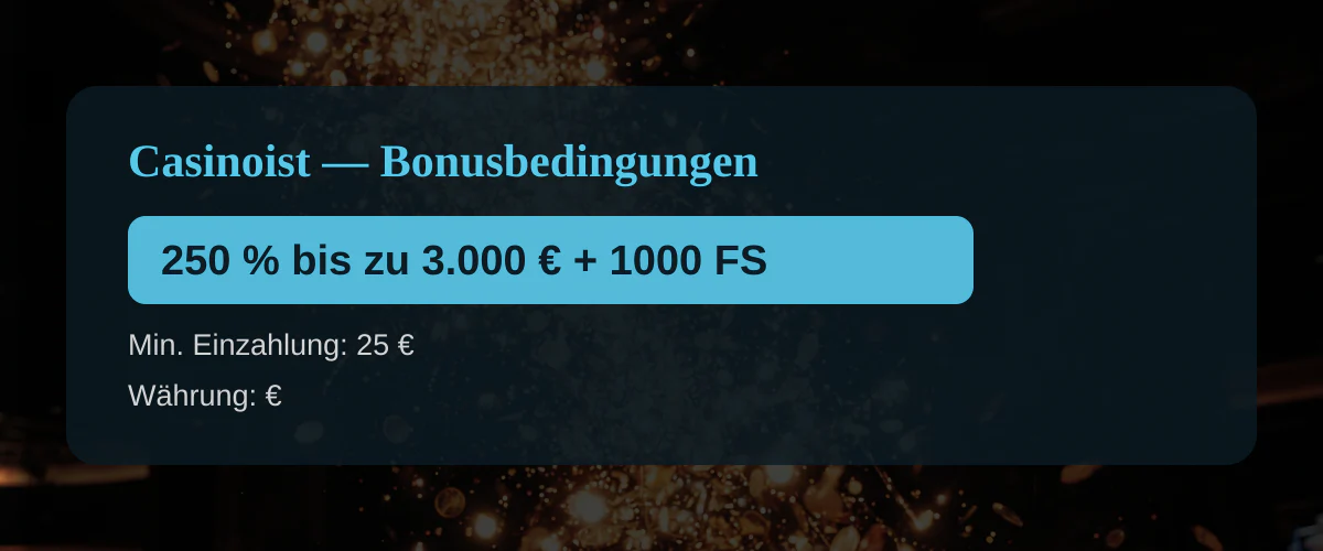 Casinoist — Bonusbedingungen: 250 % bis zu 3.000 € + 1000 FS