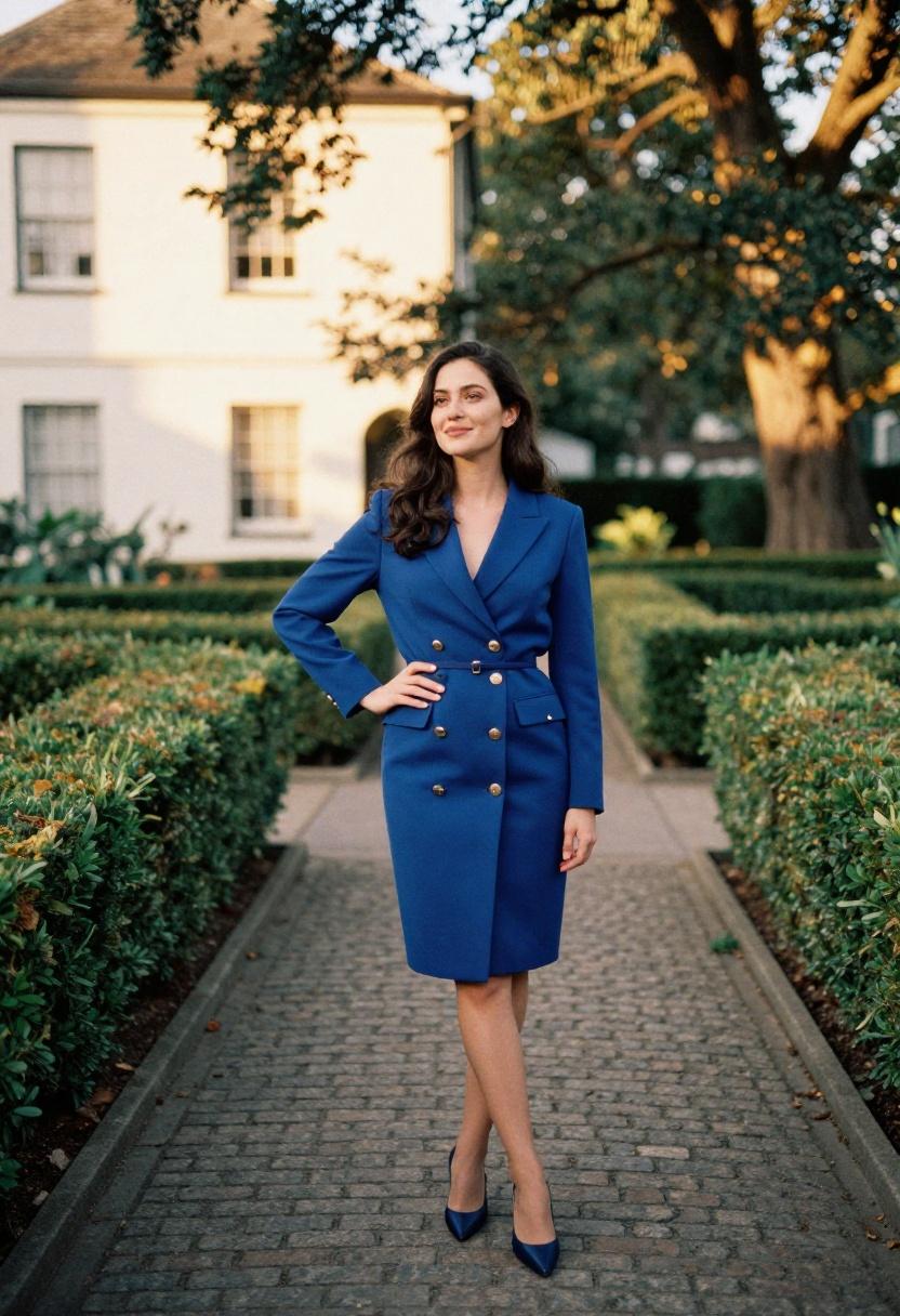 Royal blue blazer dress with gold button details and kitten heels for graduation