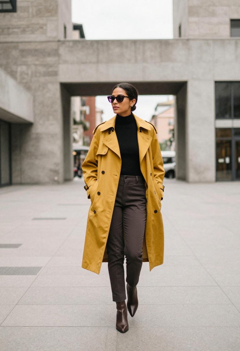 Mustard yellow belted trench coat over black turtleneck and charcoal trousers for confident urban polish