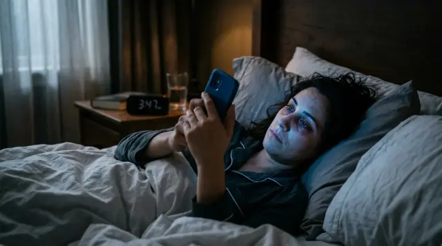 Tired person in dark bedroom staring at glowing smartphone screen late at night