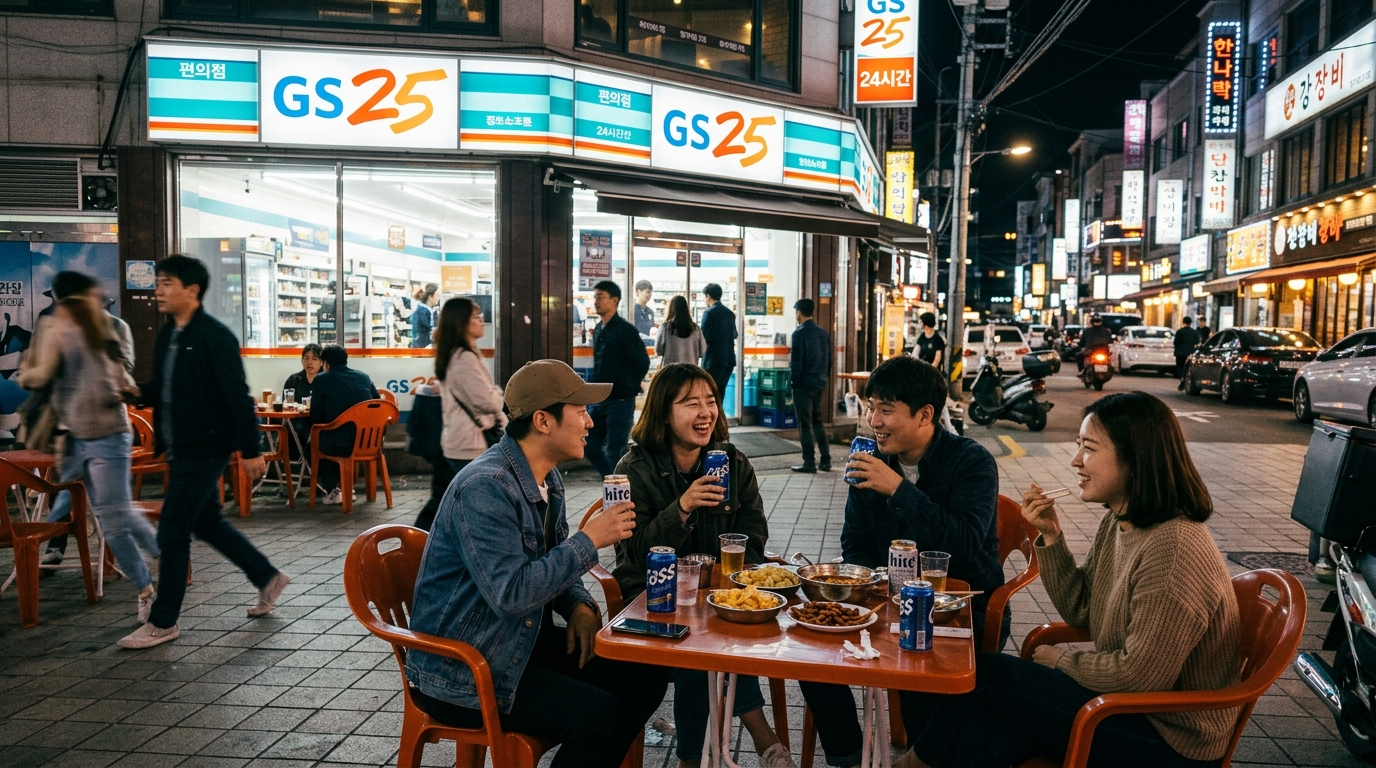 People sitting at outdoor convenience store seating area at night in Seoul drinking beer