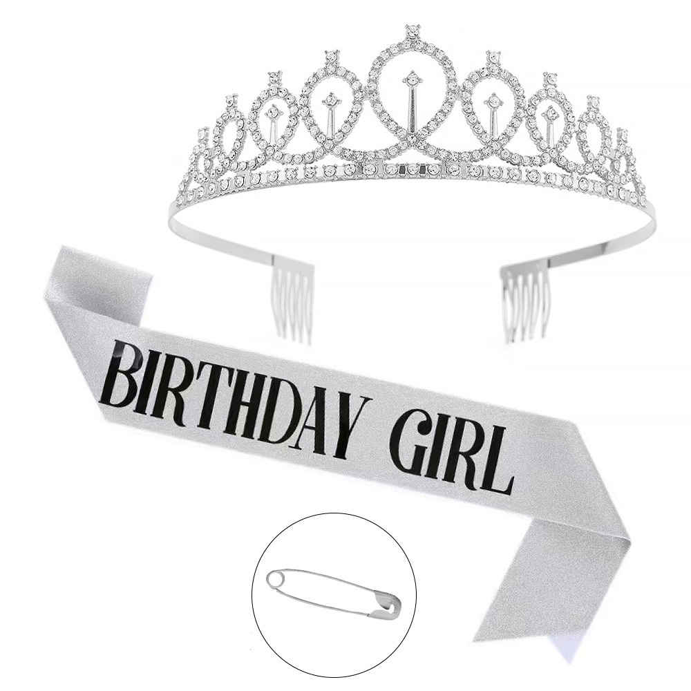 2-piece Silvery Birthday Girl Tiara and Sash Set - Elegant Rhinestone Alloy Crown with , Glitter "BIRTHDAY GIRL" Sash & Safety Pin - Perfect Princess Party Accessory for Women and Girls