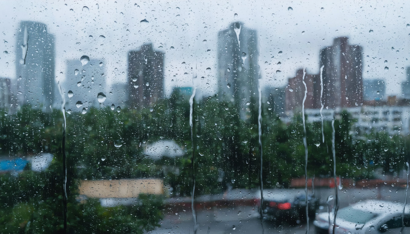 A rain-streaked window with a blurred urban skyline beyond, dark interior.