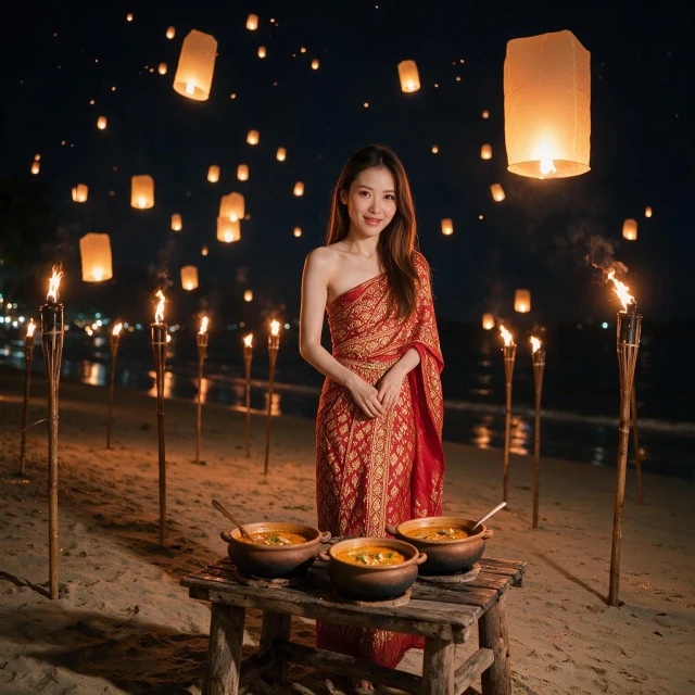A girl with red and gold Thai dress standing on a beach at night, surrounded by torches and floating Kongming lanterns, smiling, foreground wooden table with pots of curry