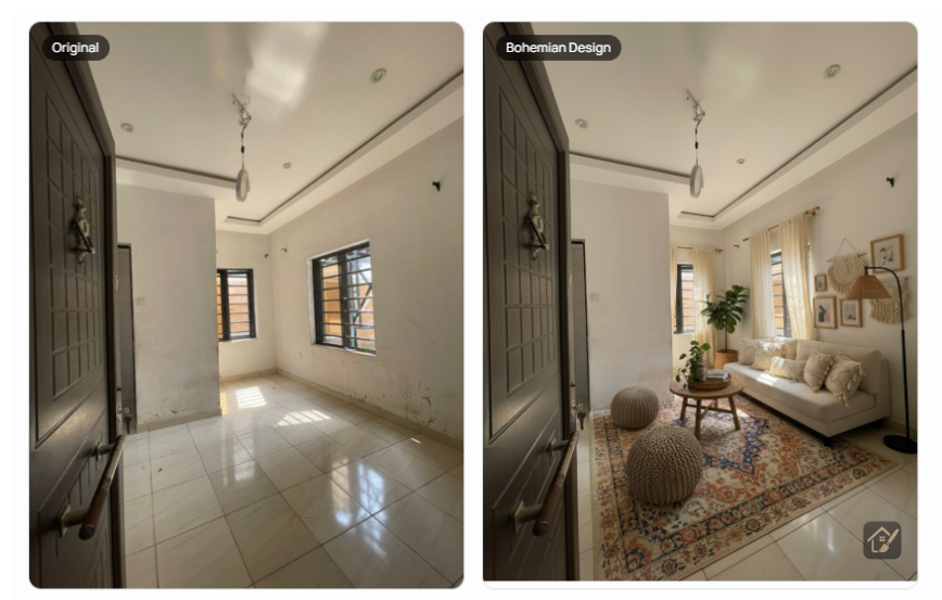 bohemian living room makeover before and after AI room design small space