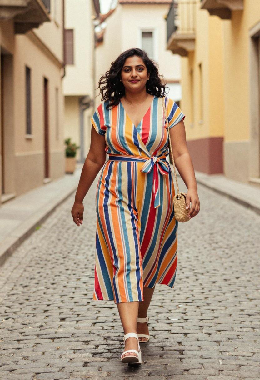 Wide-stripe wrap midi dress in bold hues on European cobblestone streets