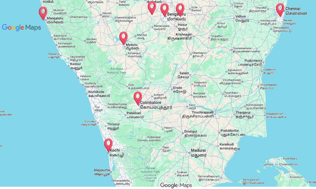 Map showing Let's Hear clinic locations across South India