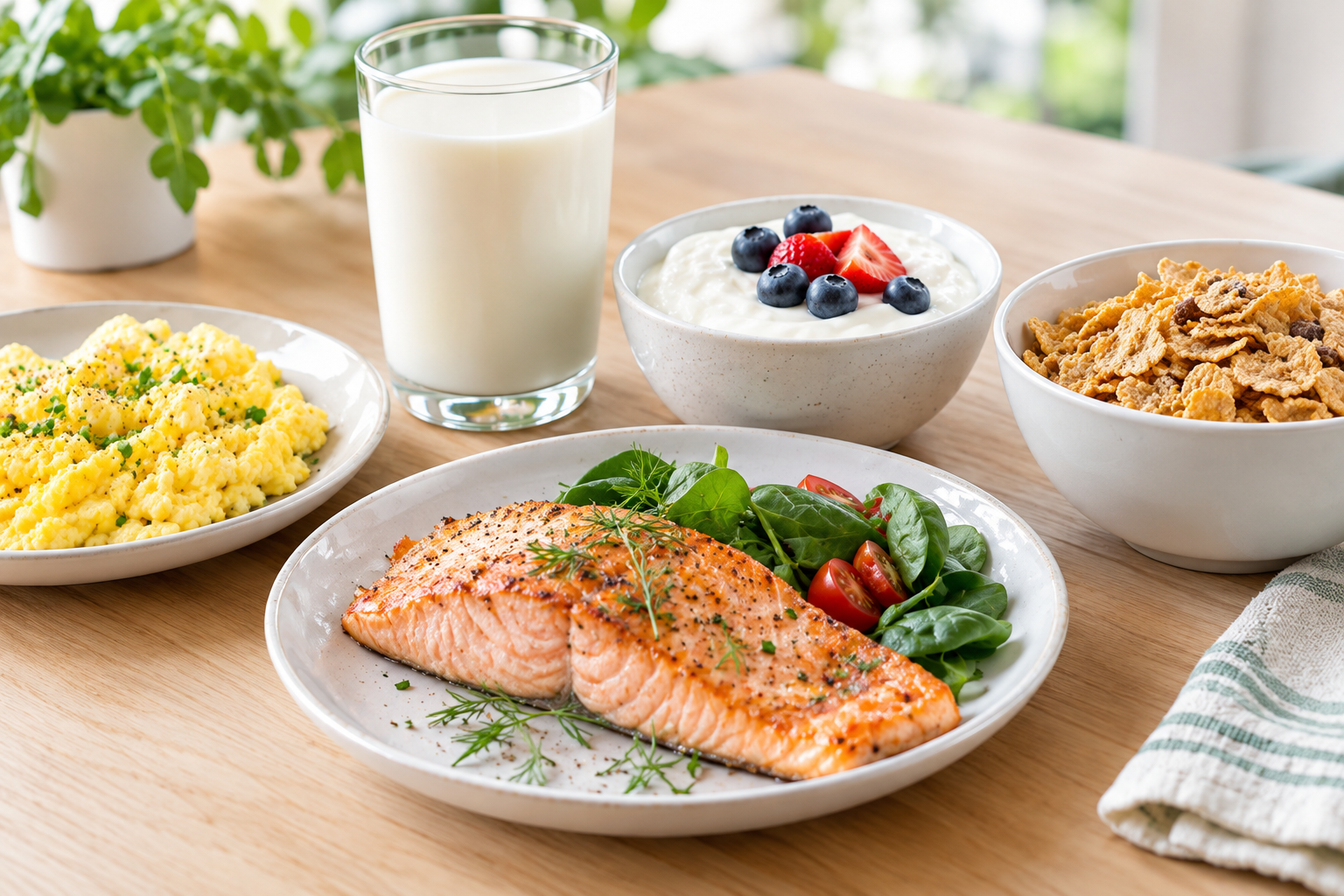 Vue de dessus de plusieurs plats sains et colorés, incluant un bol de smoothie avec des fruits, un toast à l'avocat et des œufs, et une salade fraîche avec du poisson, illustrant des sources alimentaires variées de vitamine B12.