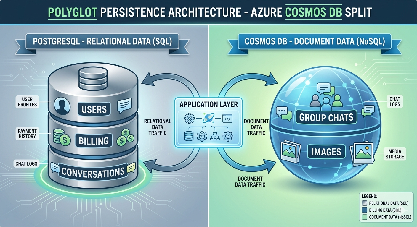Polyglot persistence architecture diagram showing PostgreSQL and Azure Cosmos DB handling different data types in ChatGPT application layer