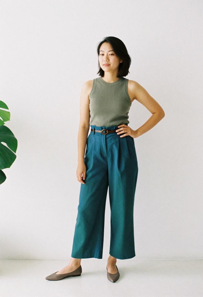 Color-blocked wide-leg belted trousers with sage ribbed knit top for calm minimalist office energy