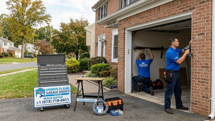 Garage door installation crew working on residential garage