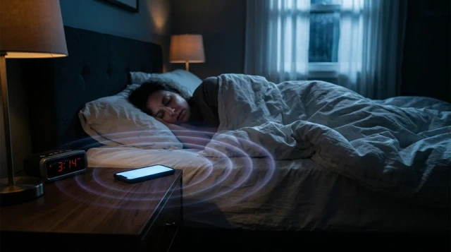 Smartphone glowing on nightstand beside restlessly sleeping person in dark moody bedroom