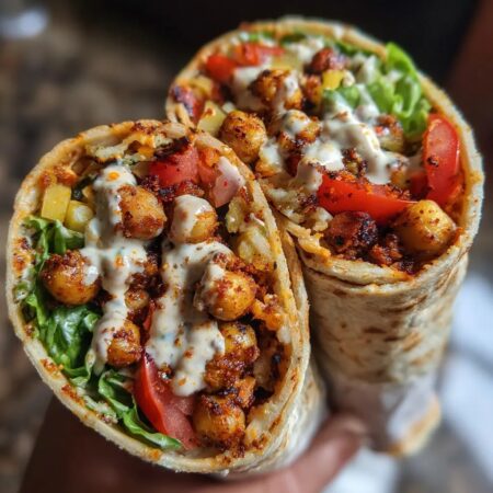 A vegan spicy chickpea wrap filled with crispy chickpeas, fresh vegetables, and tahini sauce, served as a quick and healthy lunch.