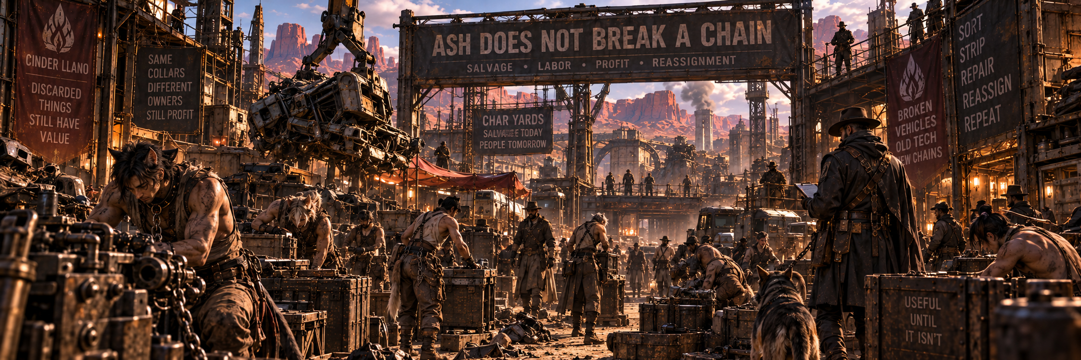 Chained demi-human slaves working in Cinder Llano salvage yards beneath human overseers