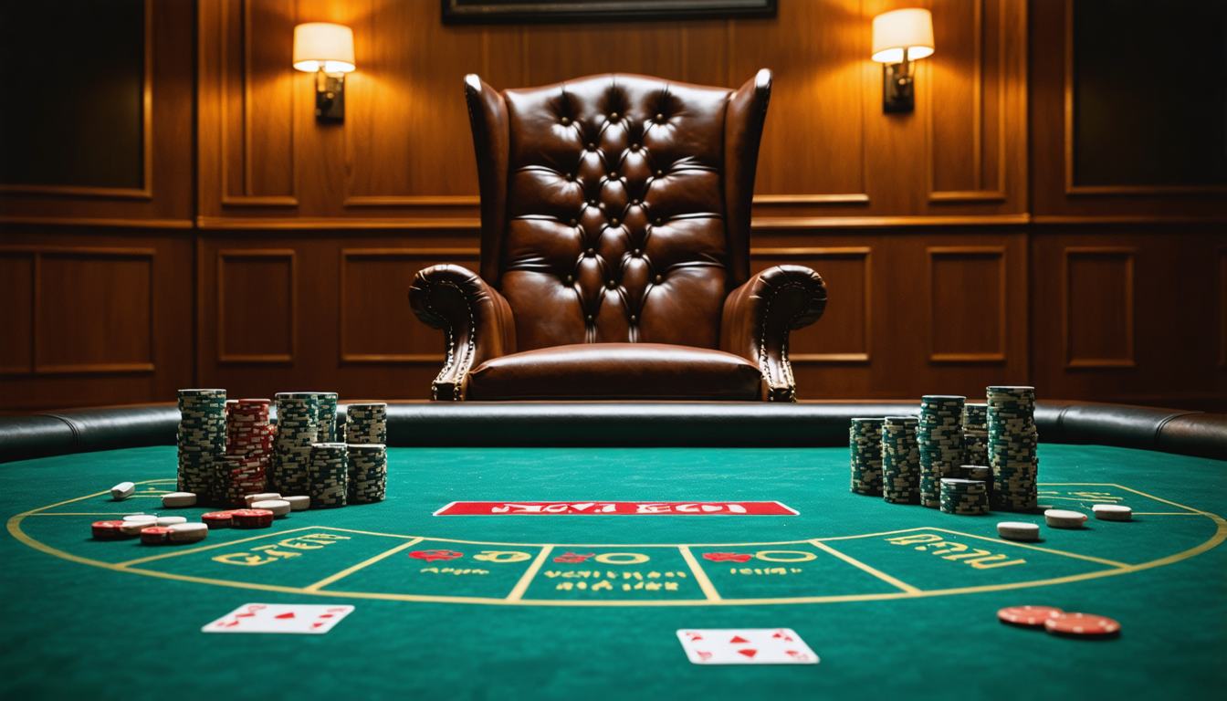 An empty leather chair facing a poker table with scattered pharmaceutical pill bottles instead of chips, in a dimly lit room.
