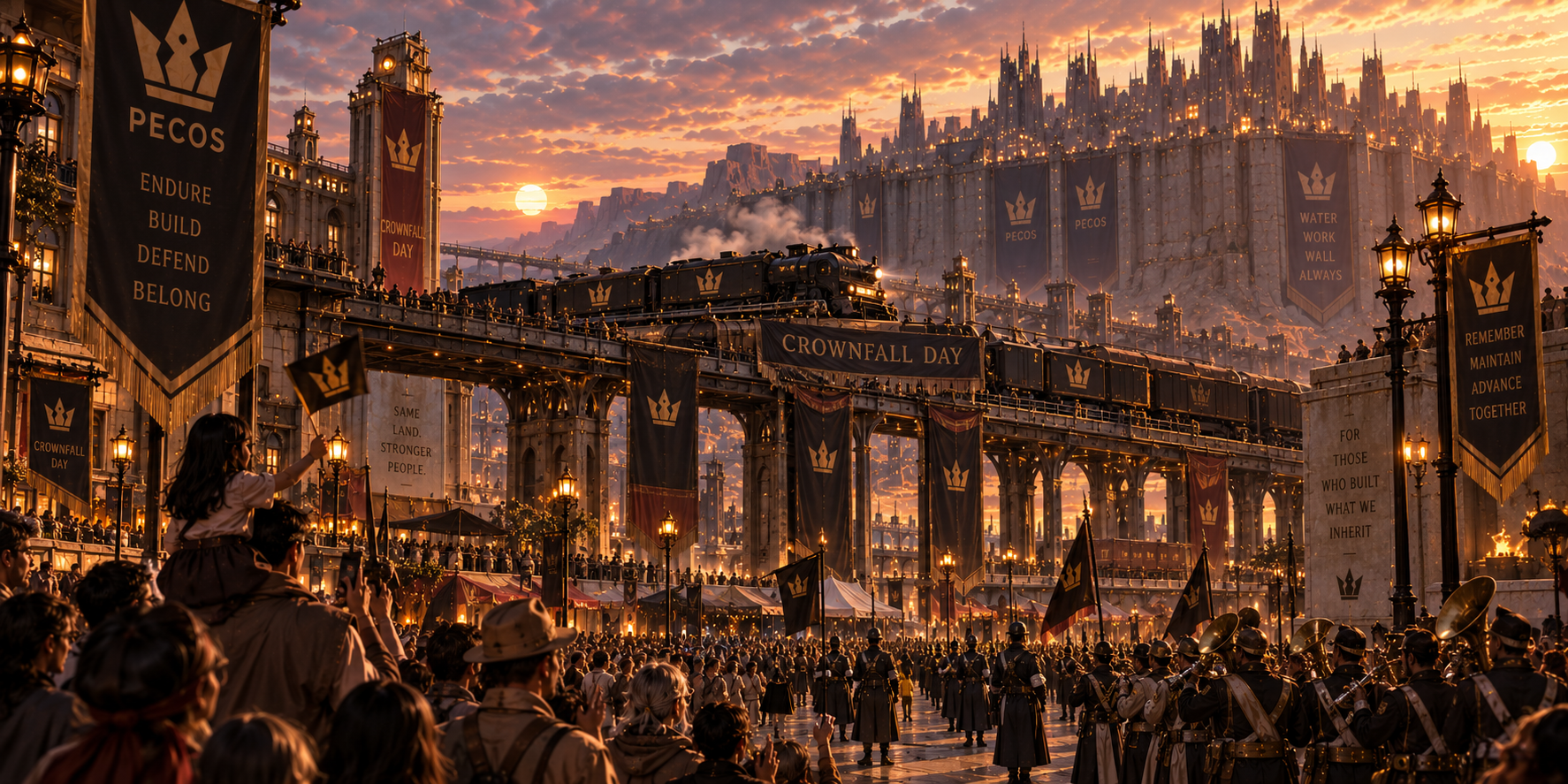 Crowds gathering around illuminated rail infrastructure for Crownfall Day
