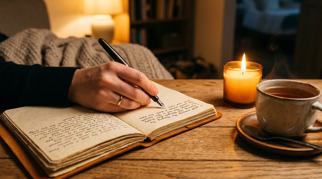 يد تكتب في دفتر الامتنان — عادة نفسية صحية يومية لتحسين المزاج والنوم