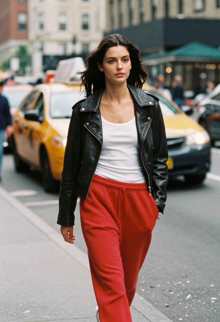 Fire-engine red oversized sweatpants with cropped leather jacket city street style