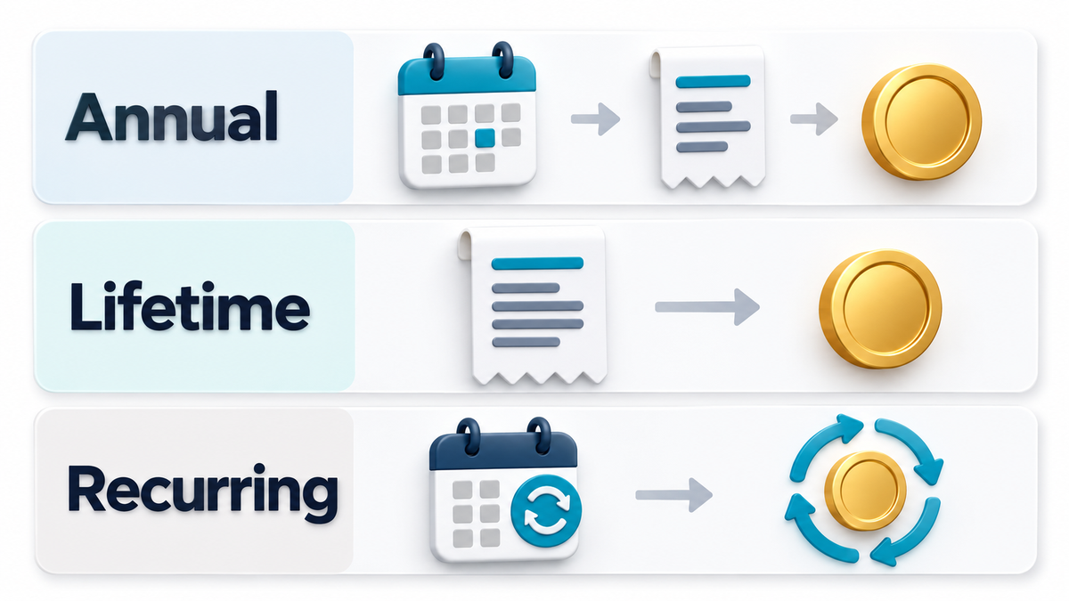 Annual, lifetime, and recurring purchase paths for a cloud storage affiliate comparison