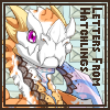 A small graphic in the shape of a mailing stamp. The headshot of a peach piebald nocturne hatchling with arcane eyes is on the stamp. Next to its head are the words 'Letters from Hatchlings'.