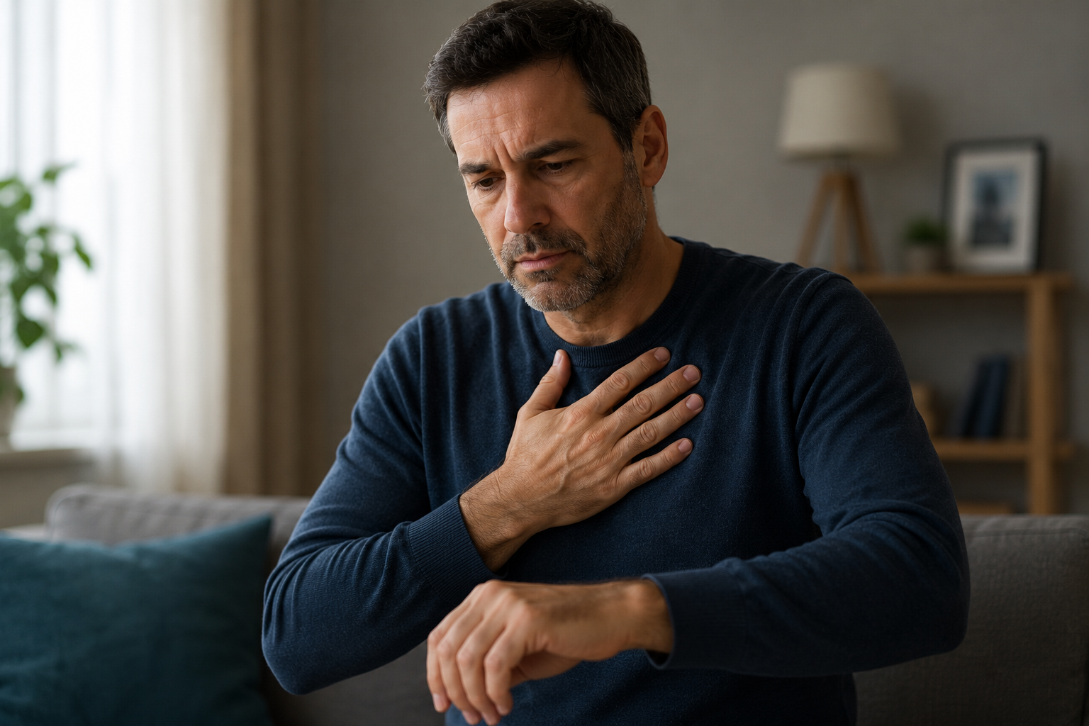 Pessoa monitorando sensações corporais, representando hipervigilância e atenção excessiva aos sinais do corpo.