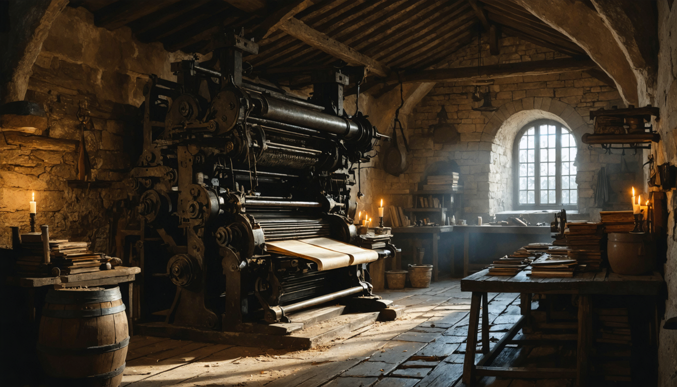 A dim monastic workshop with an early printing press, ink-stained metal type, and printed pages drying in low candlelight, empty of any figures.