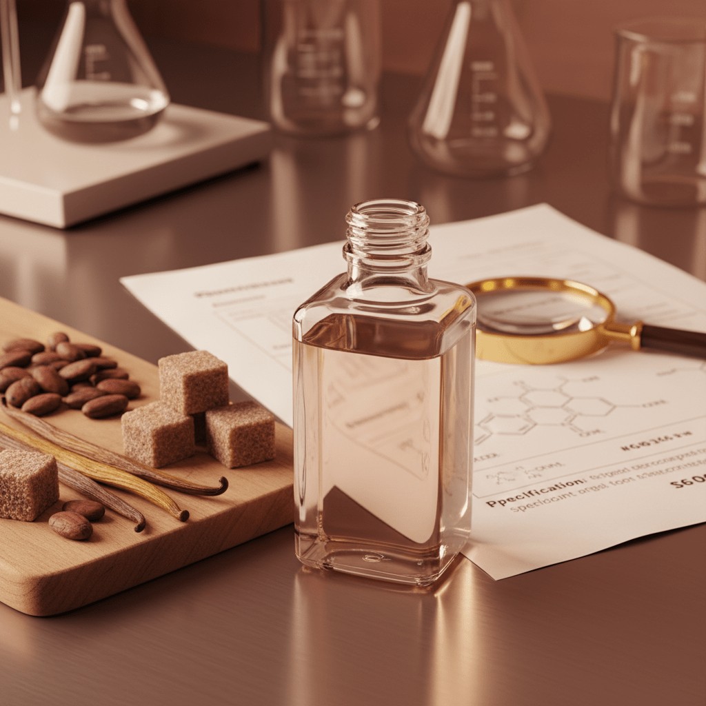 Clear glycerine bottle and ingredient spec sheet on a lab counter