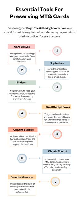 Essential tools for preserving Magic: The Gathering (MTG) cards include card sleeves to protect them from wear, top-loaders for added rigidity, and deck boxes for organized storage. Humidity control packs help prevent warping, while binders with acid-free pages provide safe, accessible storage. Additionally, using playmats during games protects cards from surface damage. For collectors, investing in Magic: The Gathering booster boxes can also be a great way to ensure the cards remain in pristine condition, preserving their value over time.To know more visit here: https://thecardvault.co.uk/collections/magic-the-gathering