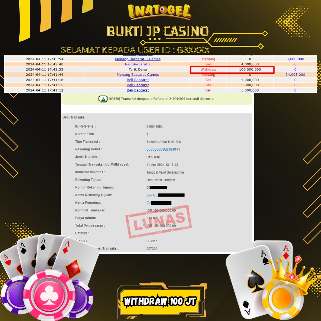 BUKTI PEMBAYARAN JP DRAGON TIGER GAMES Rp100,000,000,- LUNAS