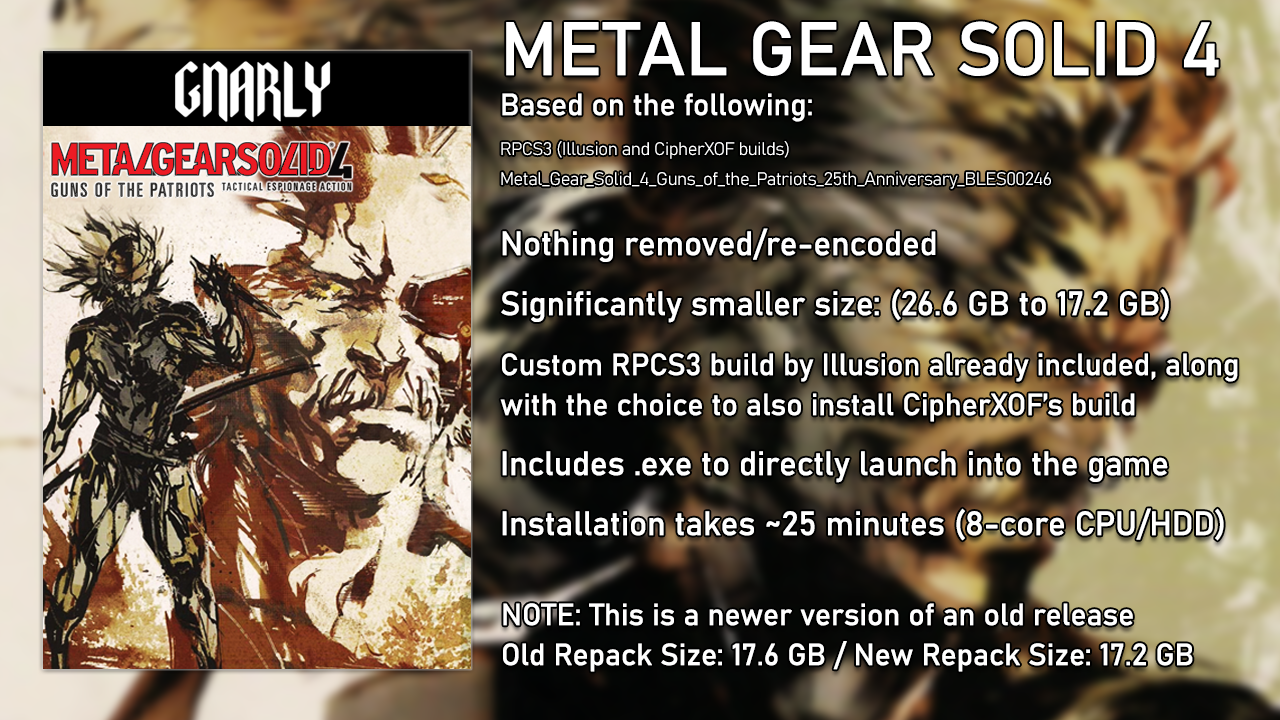 METAL GEAR SOLID 4 – GUNS OF THE PATRIOTS (+RPCS3 Illusion/Cipherxof)  [Gnarly Repacks] [17.2 GB]