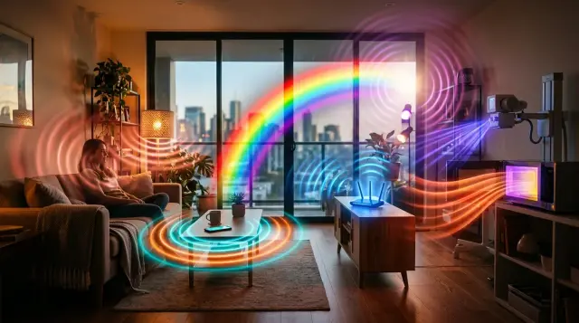 Colorful electromagnetic waves passing through everyday household objects in a modern living room, awe-inspiring mood