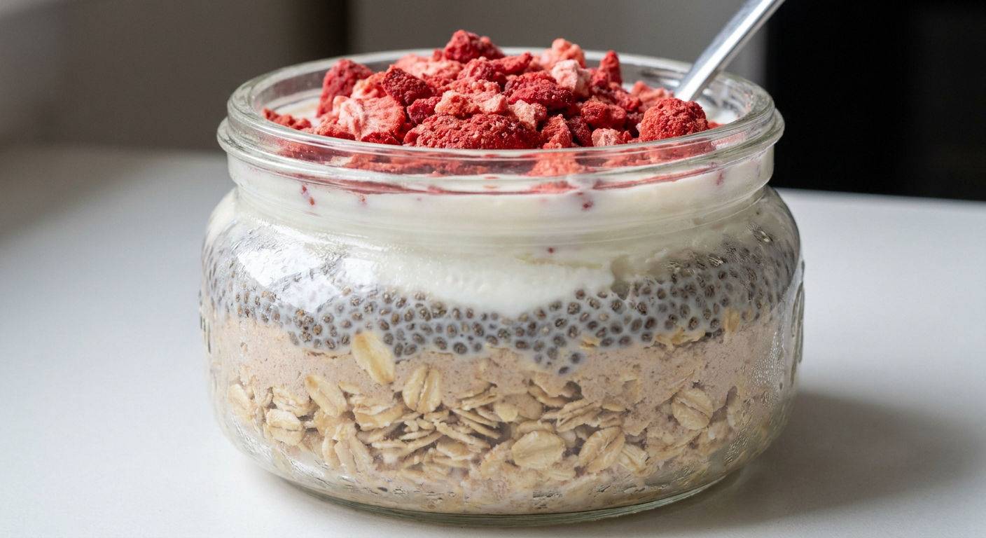Nocna owsianka proteinowa w sloiku z truskawkami.