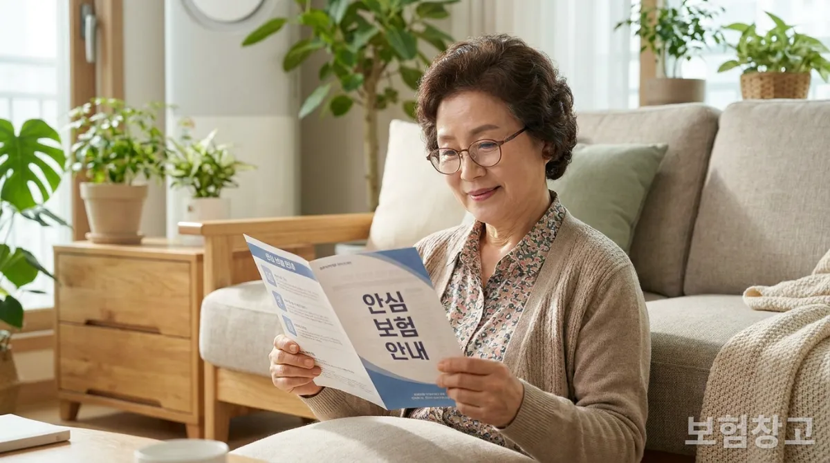 60대 한국인 여성이 밝고 아늑한 거실에 편안하게 앉아 큰 글씨로 된 간편한 보험 팜플렛을 보며 부드럽게 미소 짓는 모습