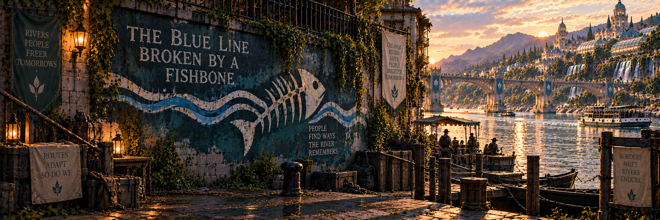 A subtle blue broken-line and fishbone River-Run marking along an ordinary Brazor River dock