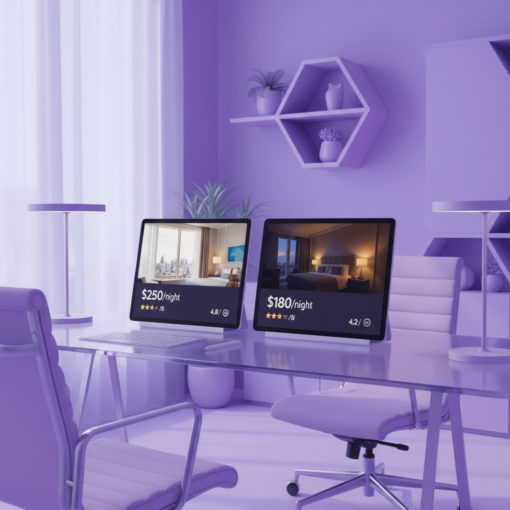 Side-by-side hotel listing comparison on tablet screens