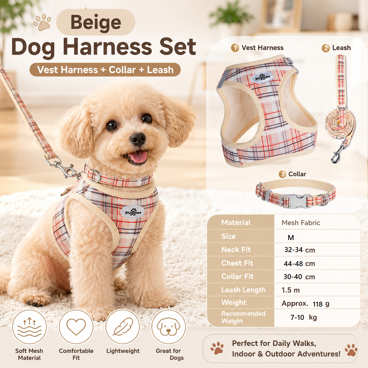 M Size Beige Classic Plaid Dog Harness Set- Breathable Mesh Vest and Adjustable Collar,WIith 1.5m Lead for pet, Anti-Pull Design