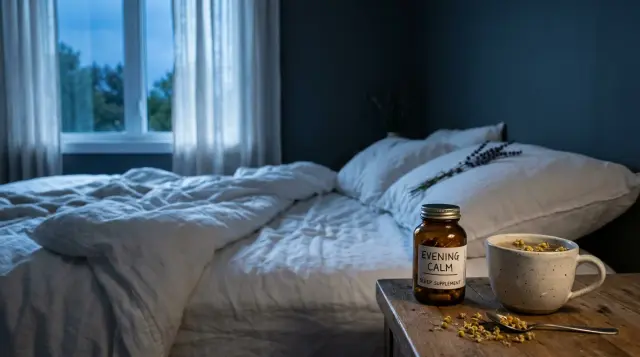 Serene twilight bedroom with sleep supplements, chamomile tea, and lavender on nightstand