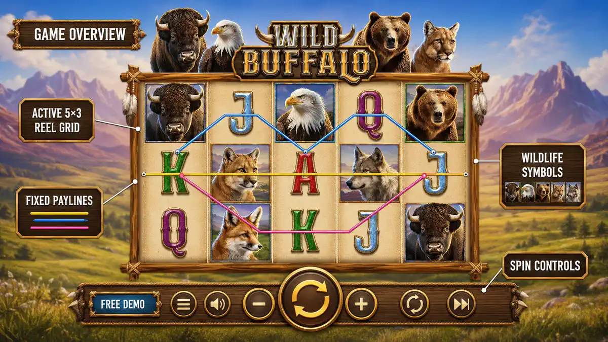 Wild Buffalo reel layout and fixed-payline game overview