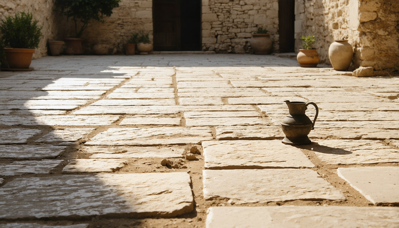 A sunlit empty stone courtyard at noon with a single unlit oil lamp resting on the flagstones, no one present.