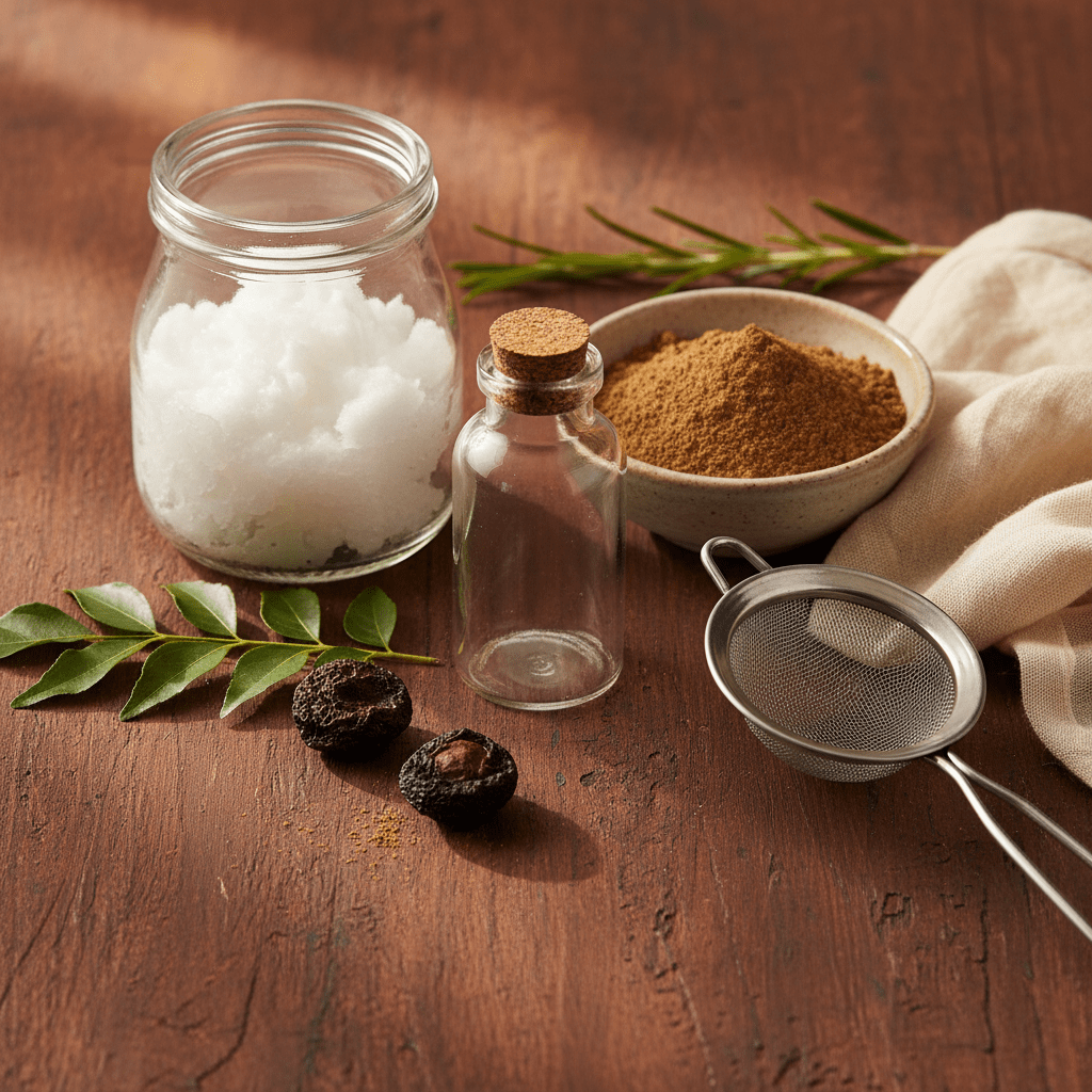 DIY amla hair oil ingredients on a warm natural-light surface